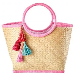 Rice - Raffia Bag with Pom Poms - Sac